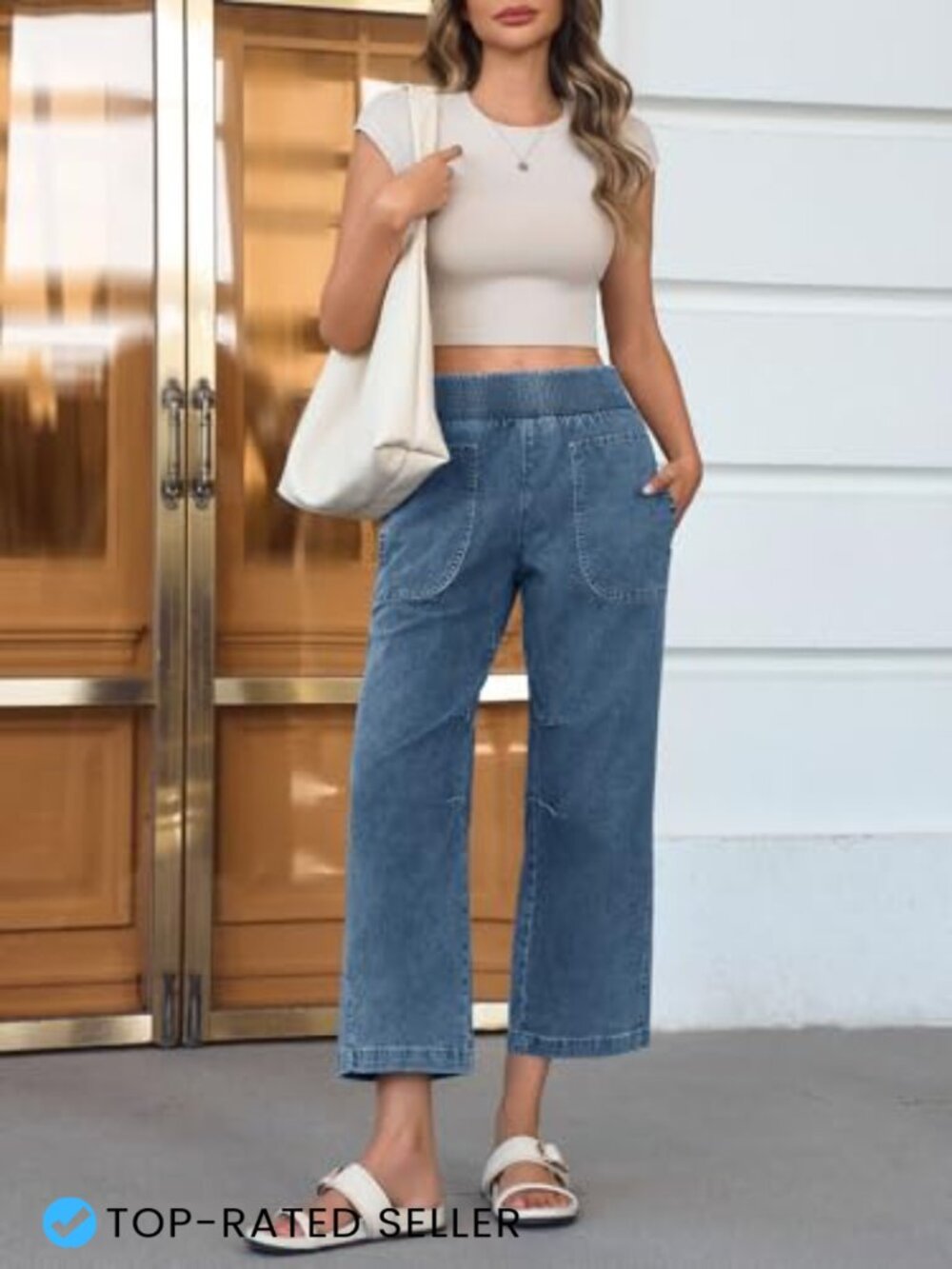 High Waisted Smocked Barrel Jeans Wide Leg Pull On Denim Pants Casual Lounge - Picture 5 of 6